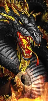 Fierce black dragon with fiery flames background wallpaper.