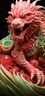 Intricate watermelon dragon sculpture with vibrant colors and detailed textures.