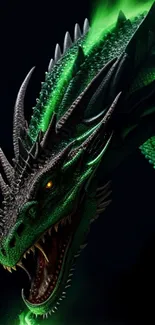 Vibrant green dragon with fiery breath on dark background.