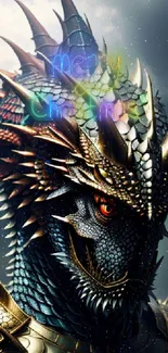 Intricately detailed dragon with dark scales and fierce eyes in artwork.