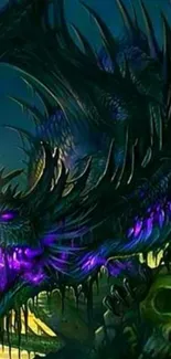 Dark green dragon with purple highlights in mystical setting.