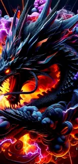 Fiery dragon amidst electric storm with vibrant colors.