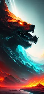 Fierce dragon emerges from fiery, vibrant landscape in fantasy mobile wallpaper.