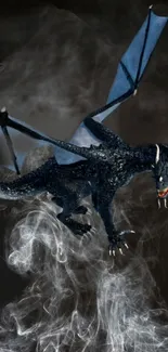 Majestic black dragon flying in smoky darkness with blue wings.