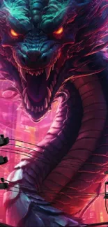 Fierce dragon with glowing eyes in cityscape