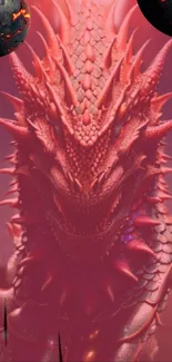 Fierce red dragon with scales and spikes on a phone wallpaper.