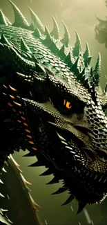 Close-up of a fierce dragon with scales and glowing eyes in a fantasy setting.