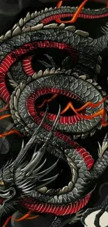 Intricate dragon with red accents on dark background.