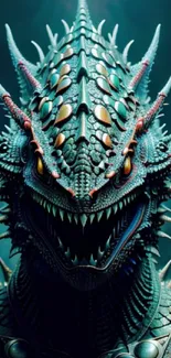 Intricate teal dragon design with detailed scales and vibrant colors for mobile wallpaper.