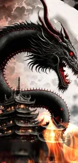 Black dragon encircling temple with full moon in background.