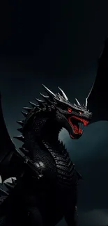 Fierce black dragon with red eyes against a dark night sky, ideal for mobile wallpaper.