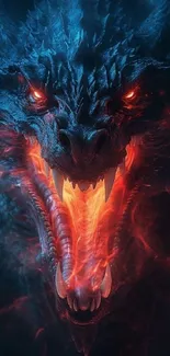 Fierce dragon with fiery eyes and open mouth on a dark blue background.