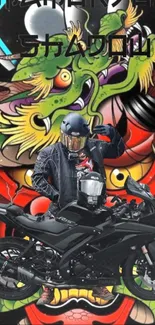 Dragon with motorcycle rider vibrant wallpaper.