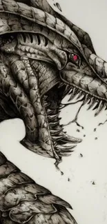 Intricate dragon sketch with red eye in grayscale tones.