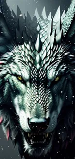 Artistic dragon-wolf hybrid wallpaper in dark gray hues.