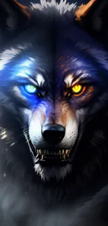 Fierce wolf with glowing eyes wallpaper design.