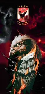 Eagle with fiery wings on a dramatic red background.