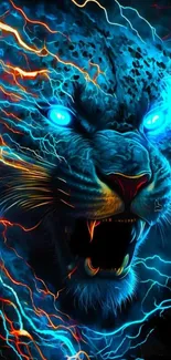 Fiery electric leopard with glowing eyes and vibrant light streaks in blue and orange.