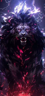 Fierce lion with electric aura in dark, vibrant tones for mobile wallpaper.