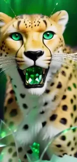 Fierce leopard with emerald eyes and gemstone accent in vibrant art wallpaper.