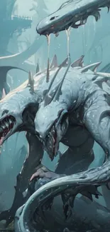 Three-headed creature in a fantasy setting with blue-gray hues.