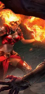 Fiery fantasy duel with armored warrior casting magical flames.