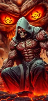 Intense hooded warrior with fiery background.