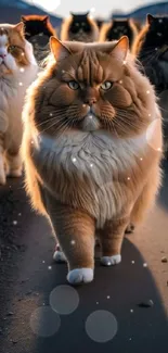 Majestic group of cats walking boldly on a sunlit path with mountains in the background.