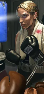 Fierce female boxer with gloves and punching bag.