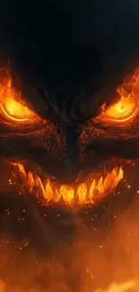 Fierce demonic face glowing in fiery flames.