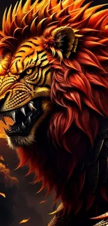 Fierce fiery creature with vibrant red mane and scales, set against a dramatic background.