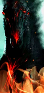 Fiery black horse with red glowing accents, mystical mobile wallpaper.