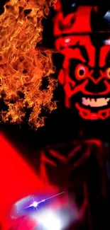 Fiery Lego character with dramatic flames background.