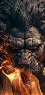 Fierce lion with fiery flames artwork.