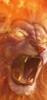 Fierce fiery lion with a flaming mane on a vibrant wallpaper.