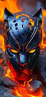 Fierce panther mask surrounded by flames in vivid wallpaper.