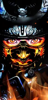 Fiery samurai warrior with burning mask design in dark background.