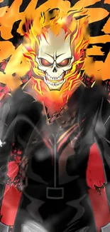 Mobile wallpaper with fiery skull and vibrant flames on a dark background.