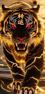 Fierce fiery tiger with golden glow.