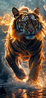 Fierce tiger with fiery aura running through a forest.