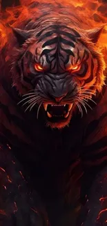 Fierce tiger with fiery eyes and flames on mobile wallpaper.