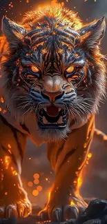 Fierce tiger with glowing fiery effect, intense eyes, digital art.