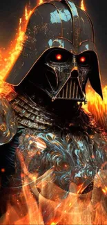 Dark armored warrior with fiery background.