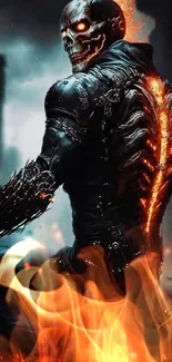 Fiery skeletal warrior with flames in dark fantasy setting.