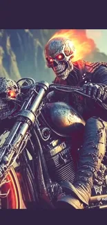 Fiery skull rider on a motorcycle with dark artistic theme.