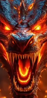 Fierce flaming dragon with glowing eyes.