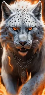 Flaming white leopard with fierce gaze amid fiery background.