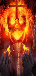 Fierce skull engulfed in fiery flames and chains.