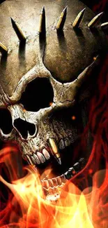 Fierce skull engulfed in fiery flames on a mobile wallpaper background.