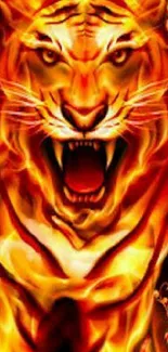 A roaring fiery tiger in orange flames on a mobile wallpaper.